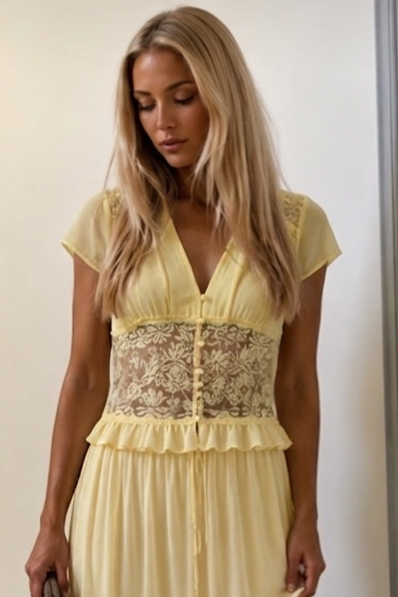 Top en Dentelle et Mousseline Femme - Chemisier Fluide Col V