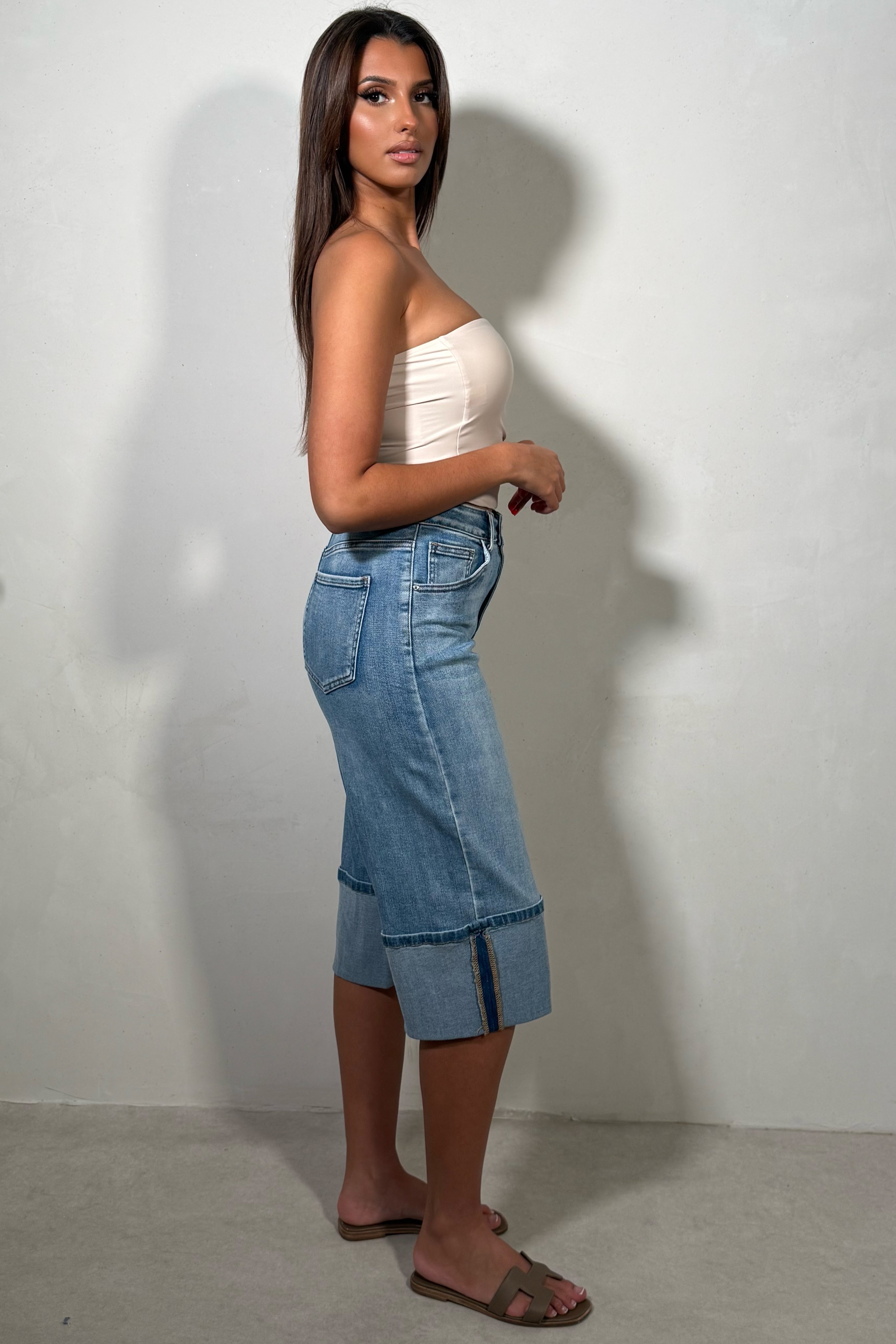 Bermuda Denim Ajusté Style Vintage À Revers