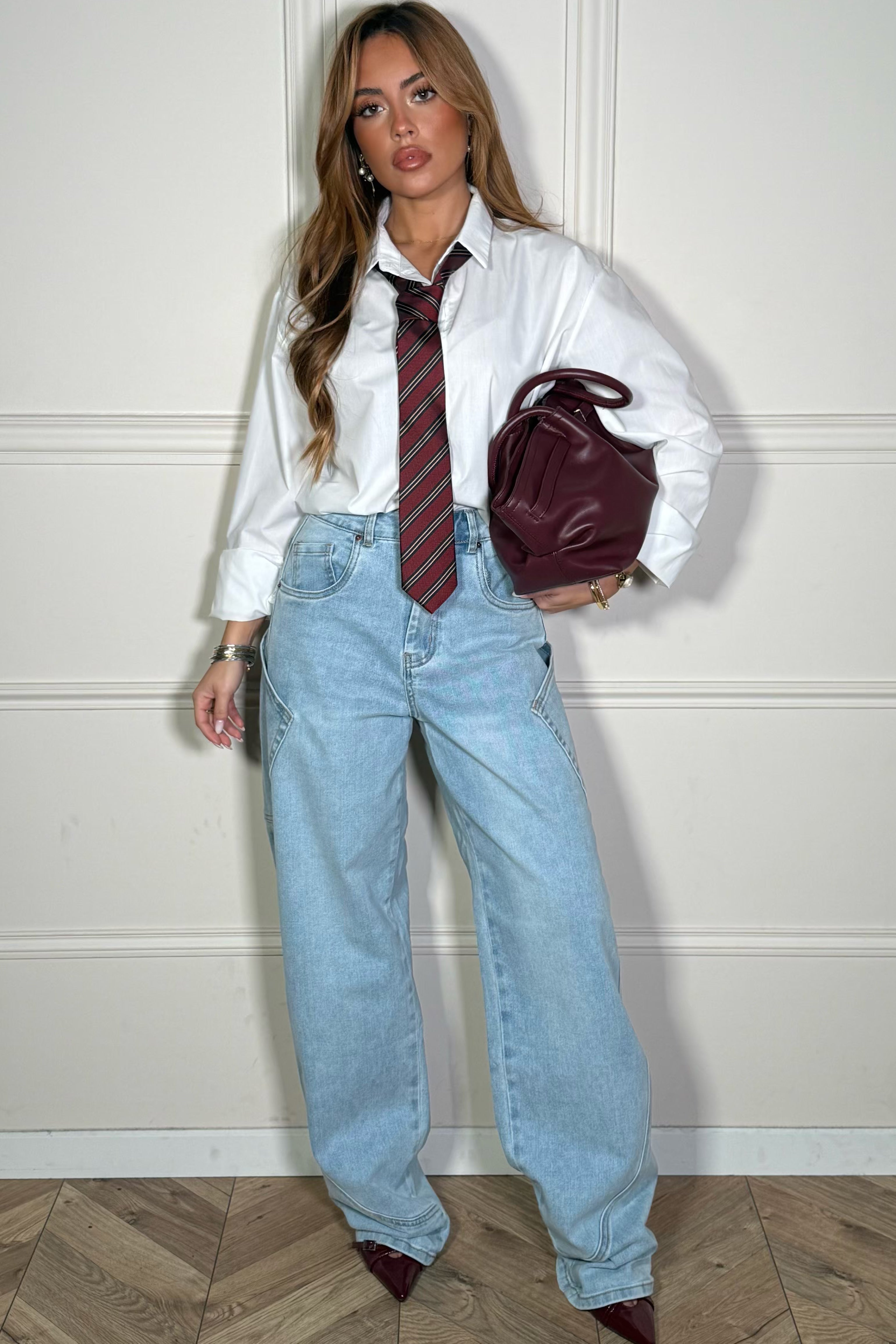 Jeans barrel taille haute femme à poches, coupe tendance moderne