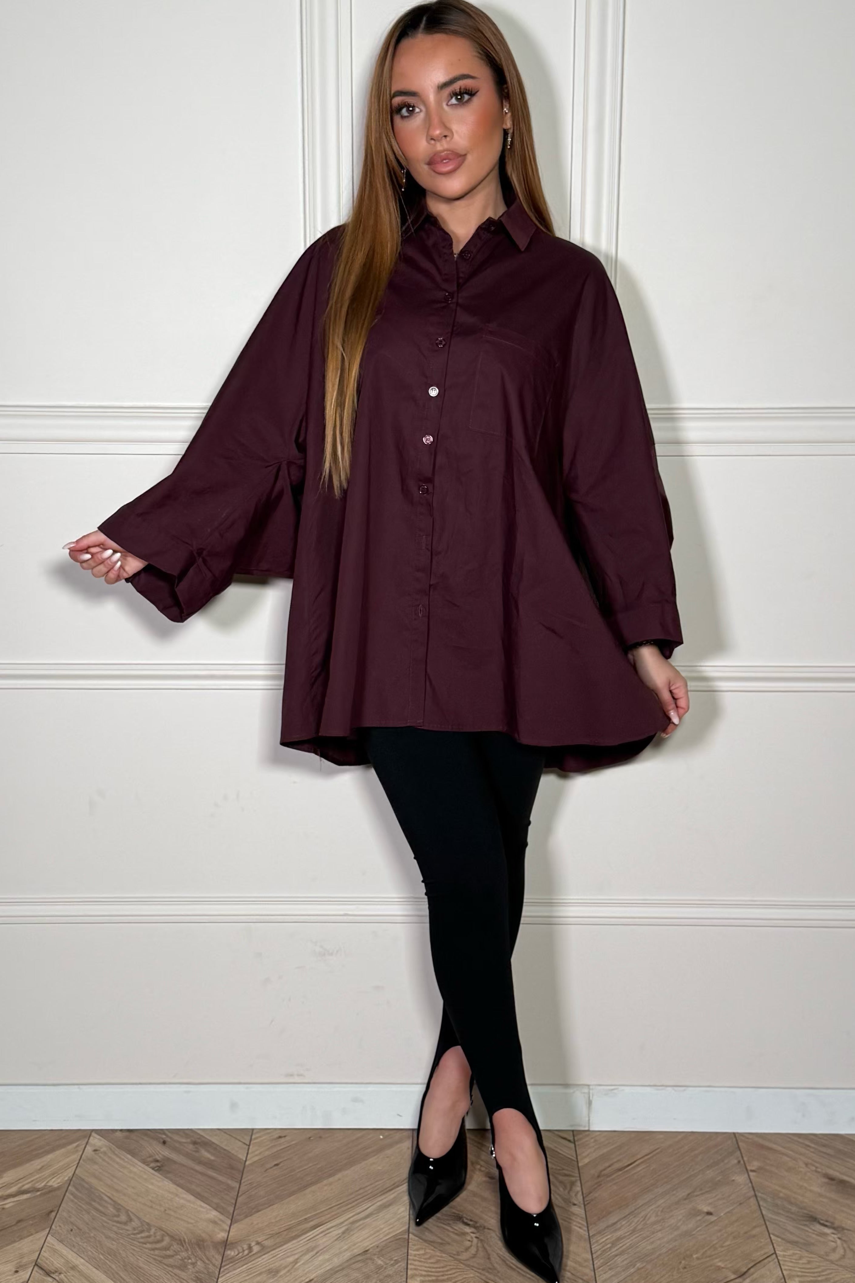 Chemise oversize bordeaux femme avec manches ballon en coton, vue de face