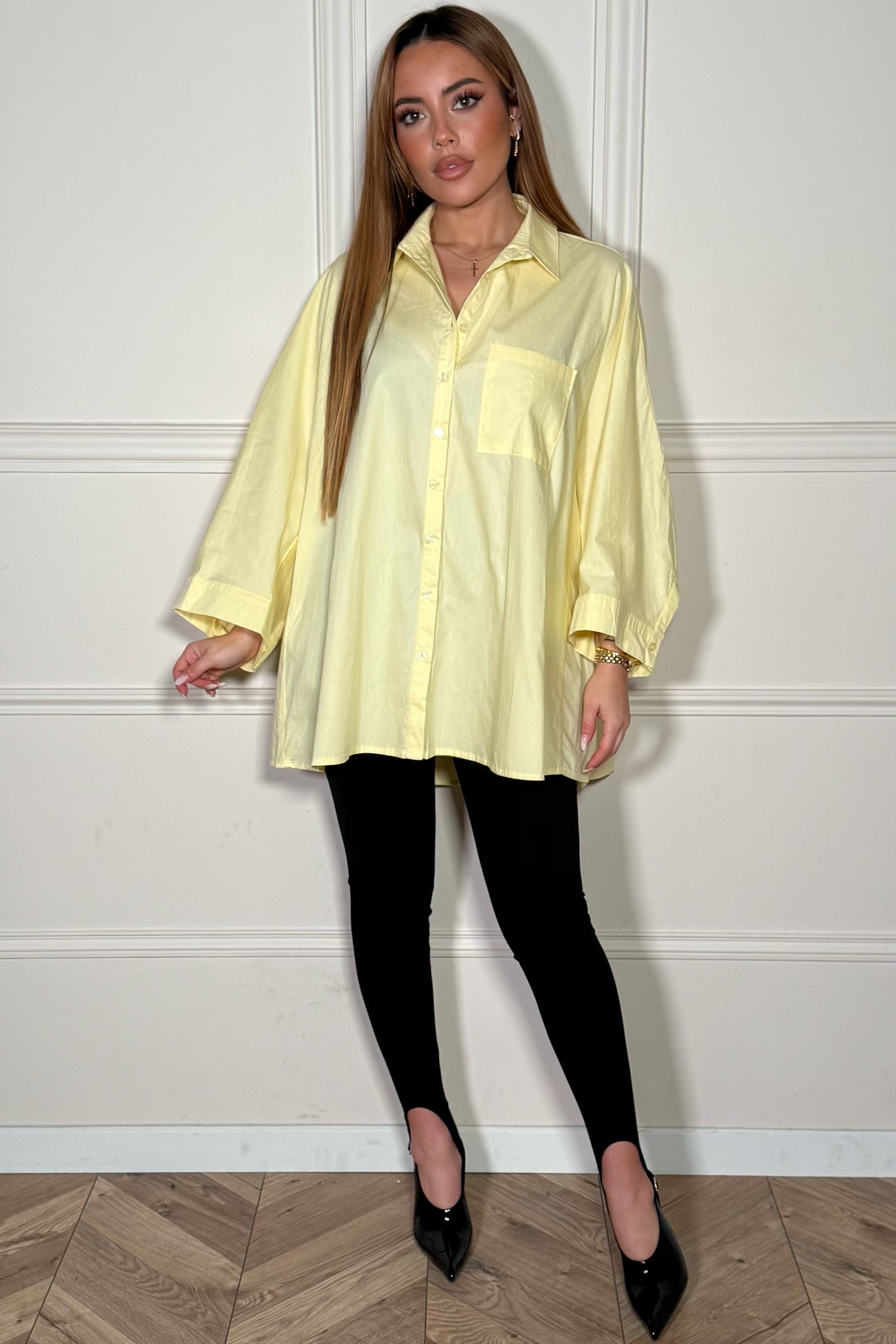 Chemise oversize femme jaune avec manches ballon en coton, vue de face