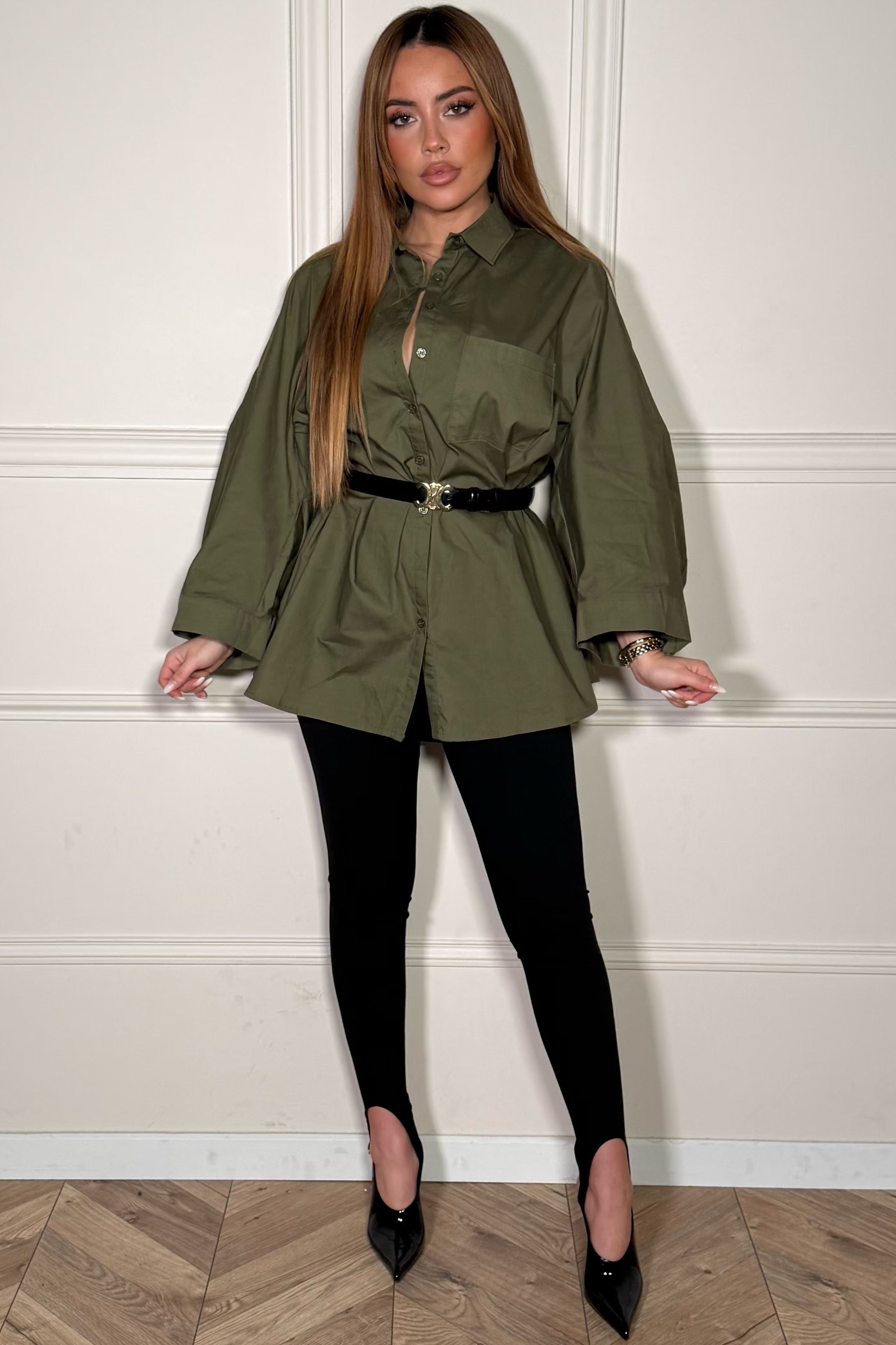 Chemise oversize femme kaki avec manches ballon en coton, vue de face