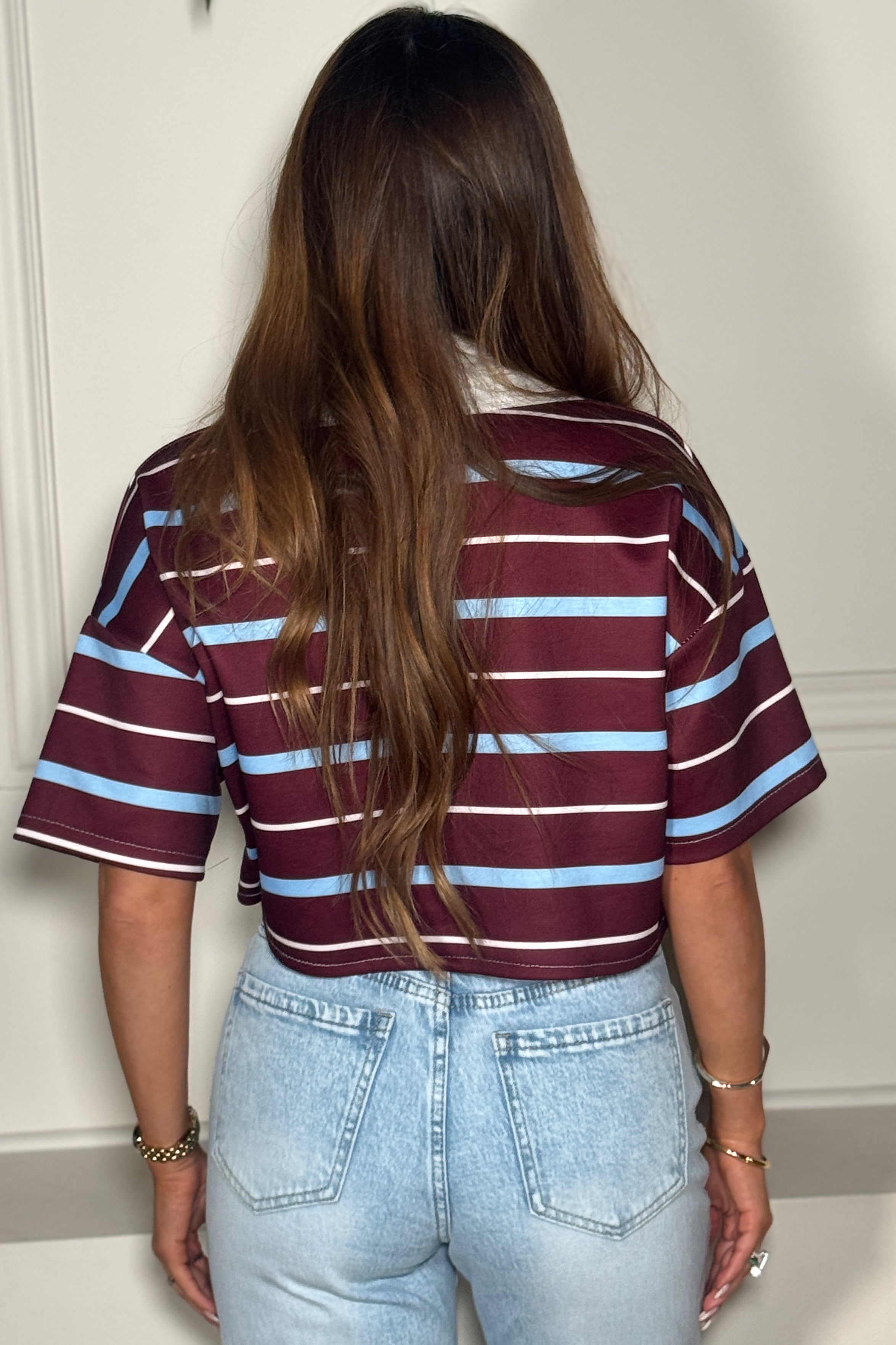 Crop Top Rayé Col Polo Femme - Style Preppy Chic