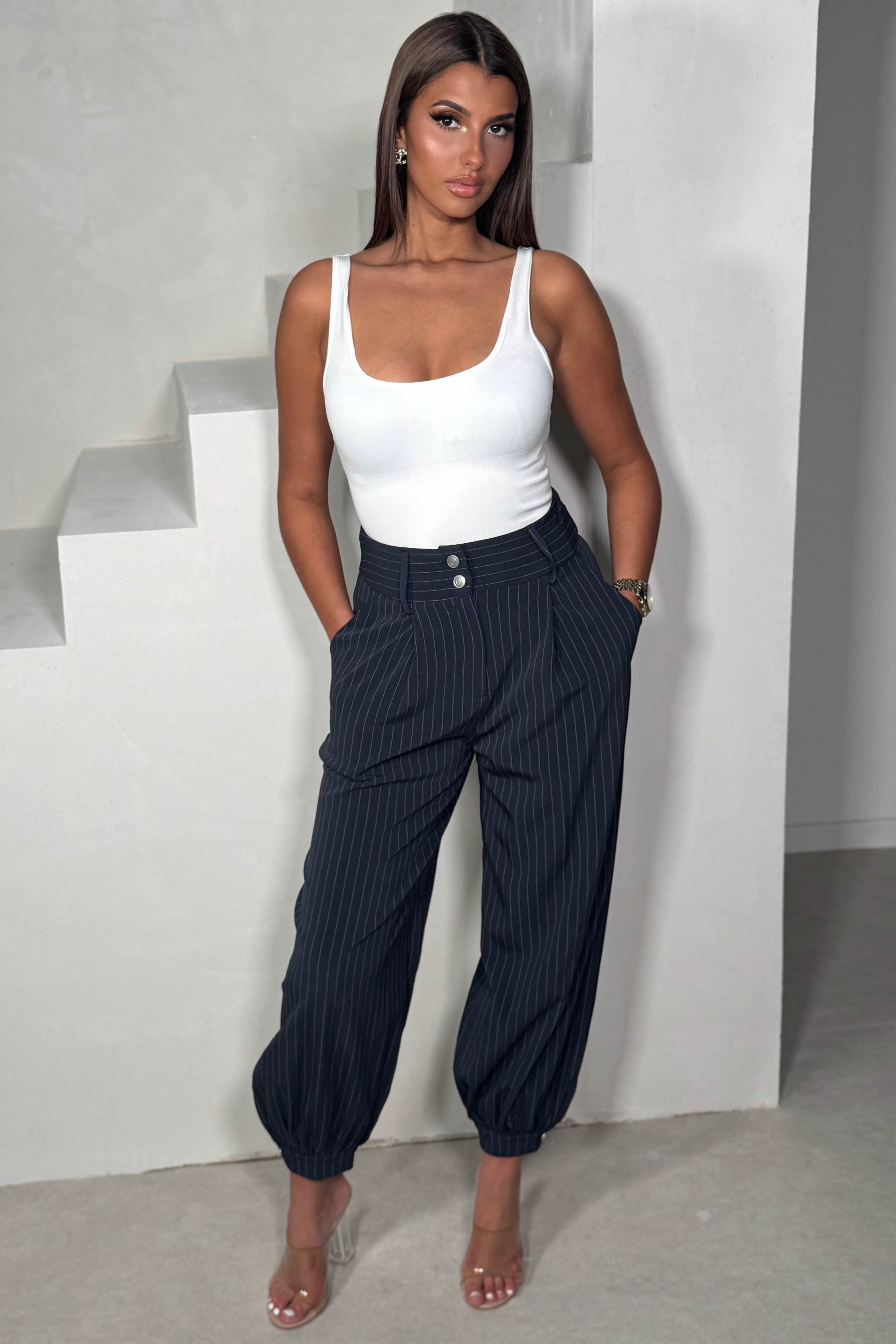 Pantalon rayé femme bas resserré coloris bleu marine