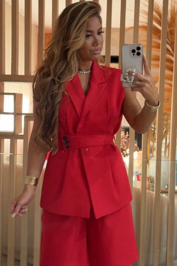 Blazer Sans Manches Ceinturé Rouge Femme