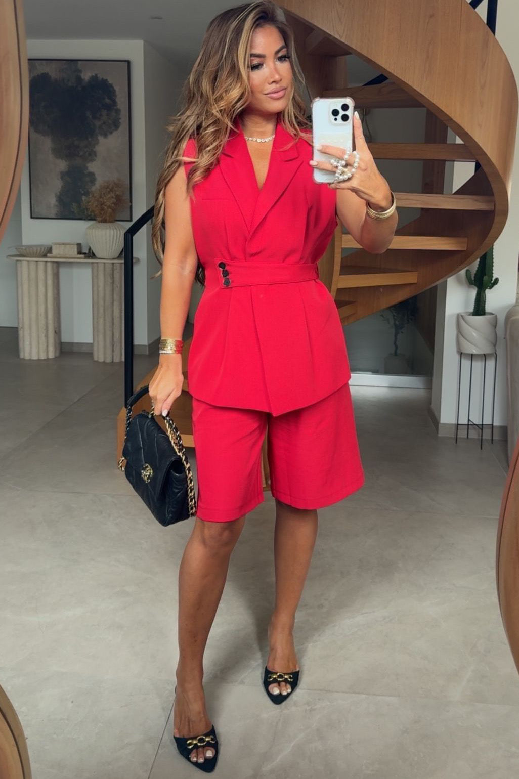 Blazer Sans Manches Ceinturé Rouge Femme