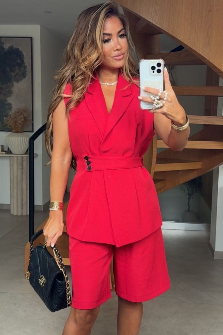 Blazer Sans Manches Ceinturé Rouge Femme