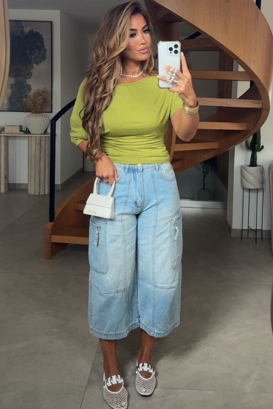Bermuda Jean Large Style Cargo Poches Zippées – Femme