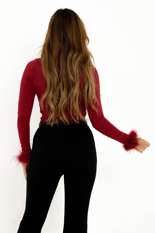 Top Col Carré Manches Plumes Femme
