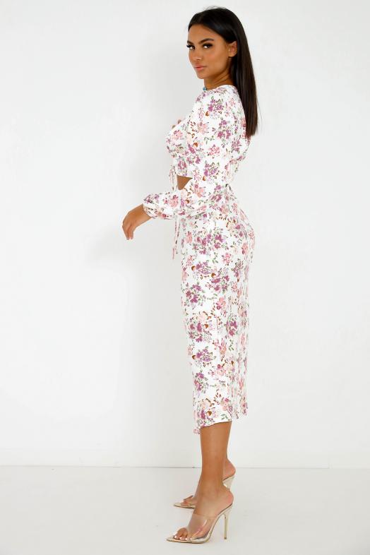Ensemble Top + Jupe Fleurie Femme Blanc