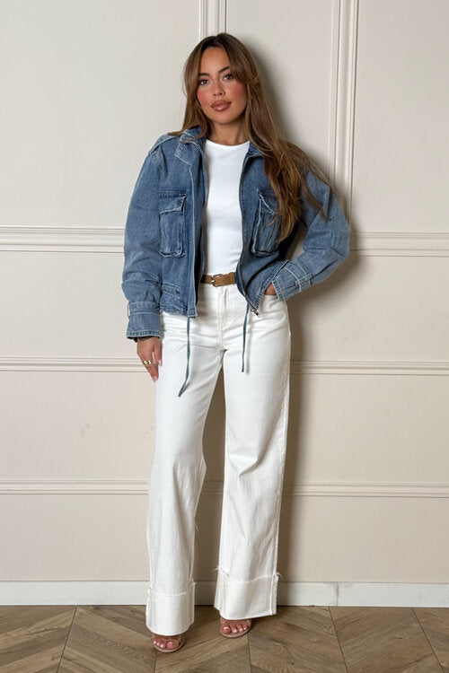 Veste Denim Col Montant + Poches