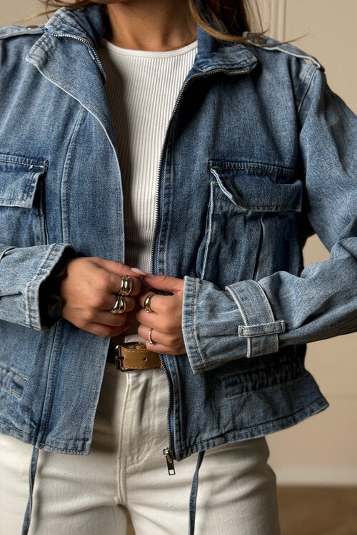 Veste Denim Col Montant + Poches