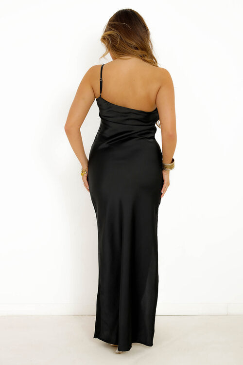 Robe Satin Une Bretelle Femme Noir