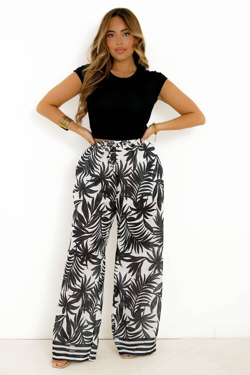 Pantalon Effet Lin Imprimé Végétal