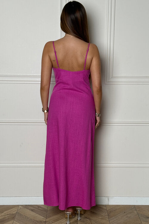 Robe col V à bretelles + boutons Femme