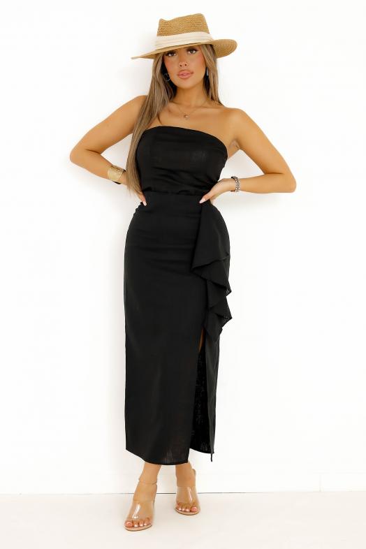 Ensemble bustier et jupe en lin noir BLOOSHOP - Look élégant et naturel pour femme
