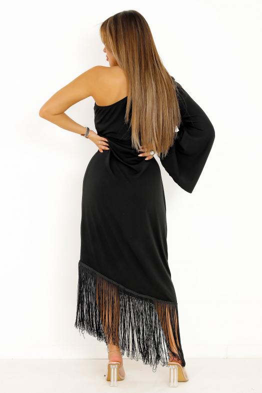 Robe Femme Une Manche Franges Noir - Style Asymétrique Sophistiqué