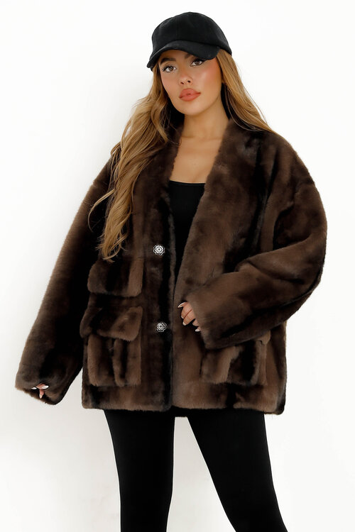 Manteau Fur Vegan Poches à Rabats