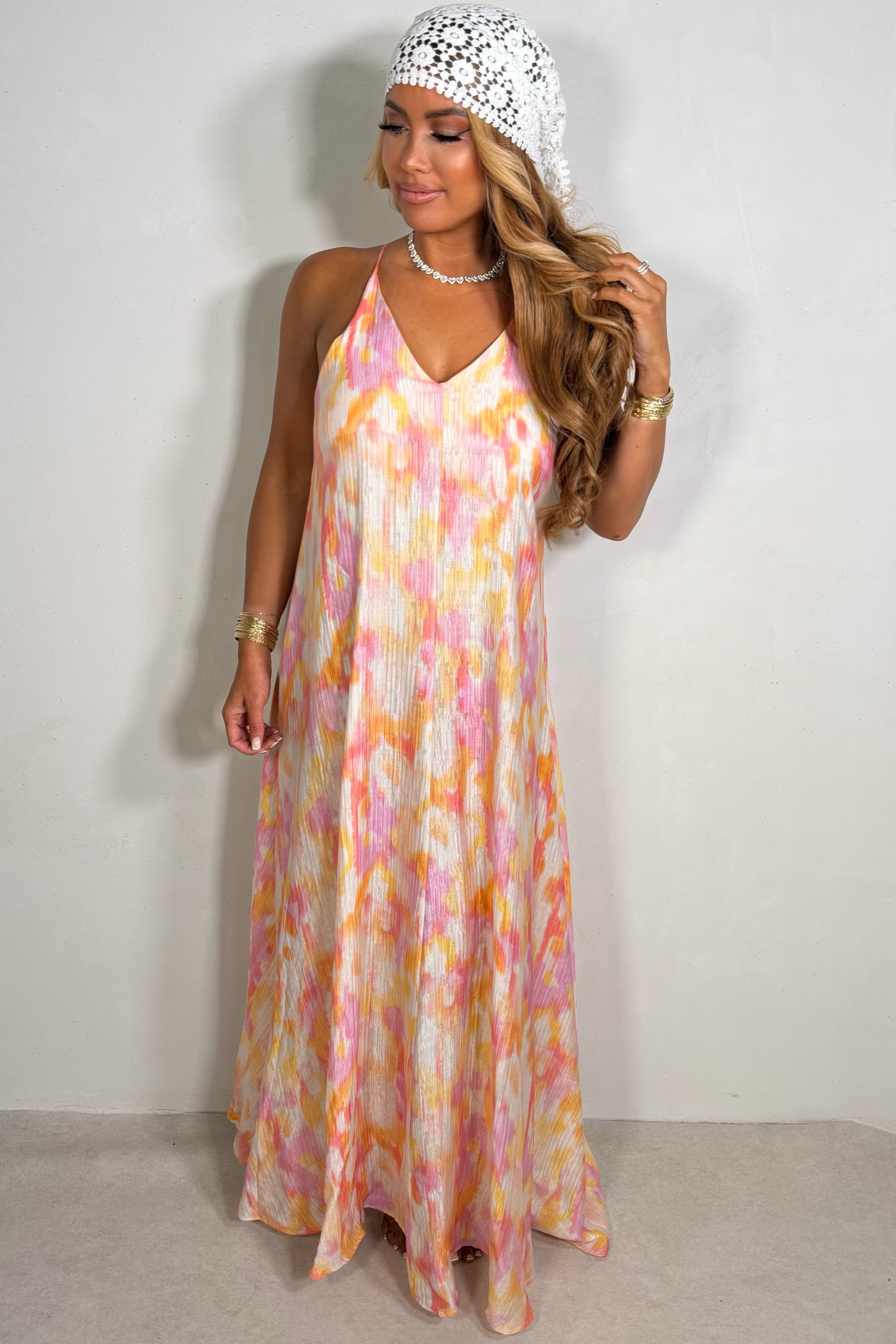 Robe longue fluide imprimée rose, tissu viscose léger