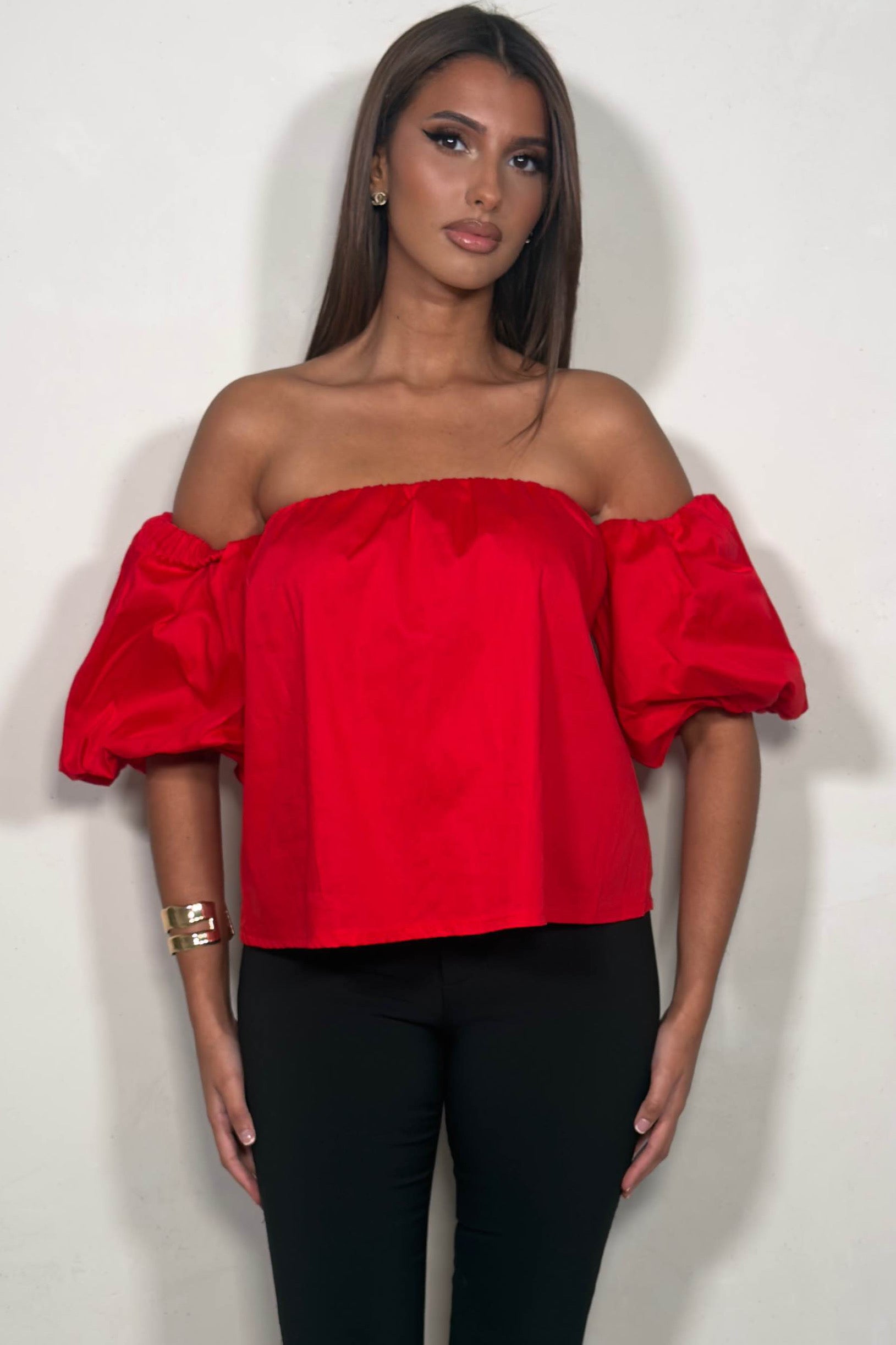 Top bardot épaules dénudées coloris rouge taille unique