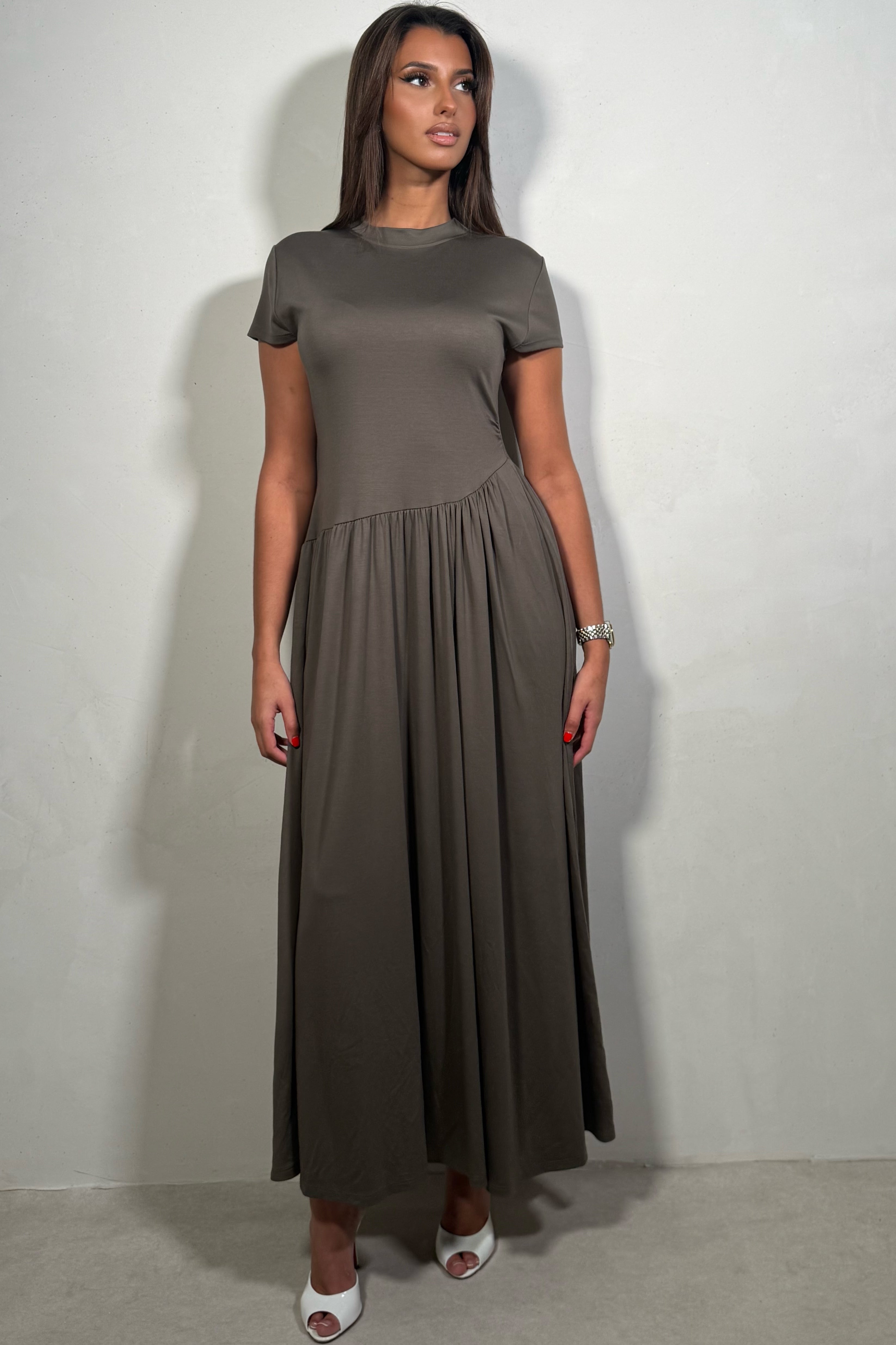 Robe Longue Femme Marron À Taille Asymétrique