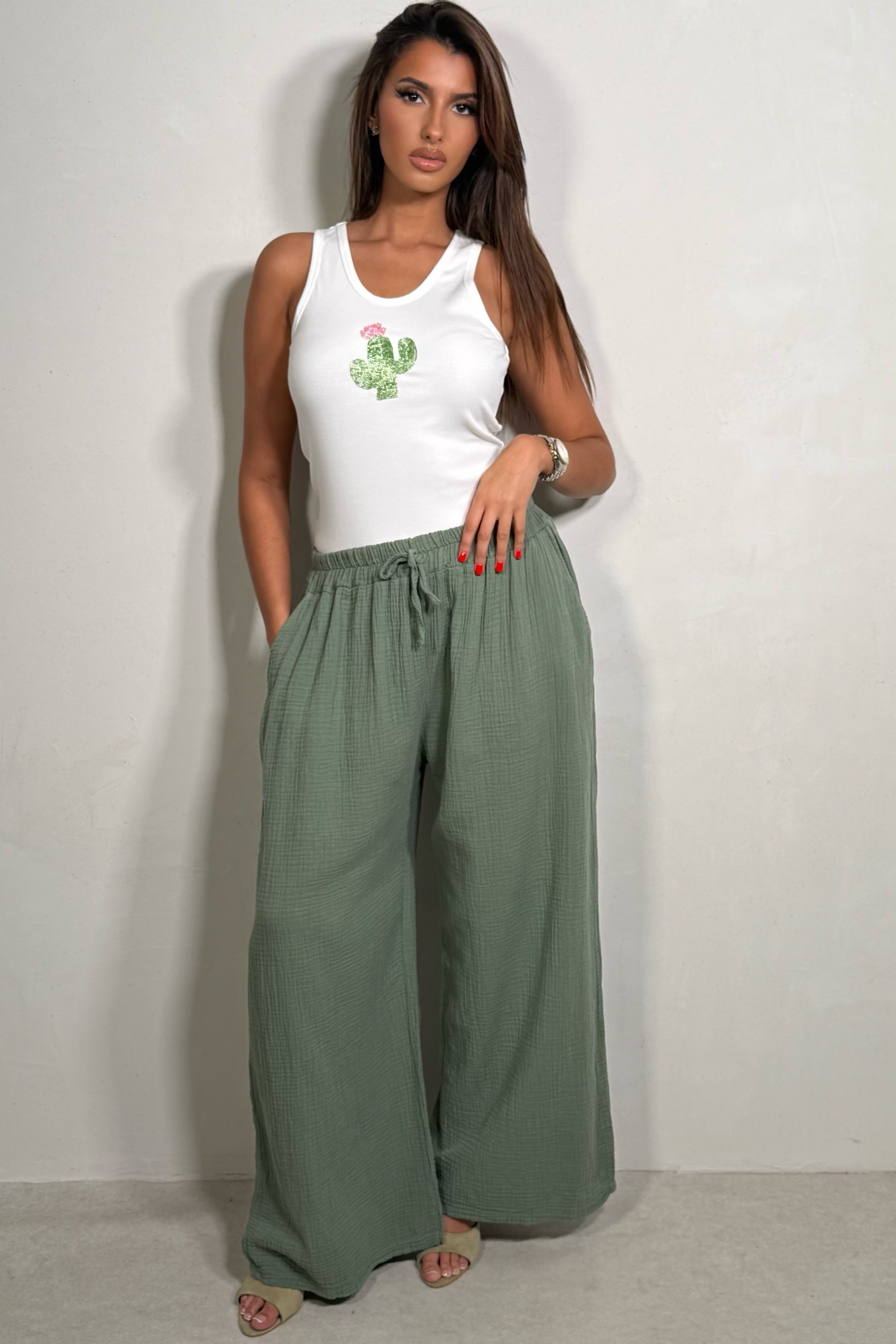Pantalon Large en Gaze de Coton – Fluidité & Légèreté Kaki Femme