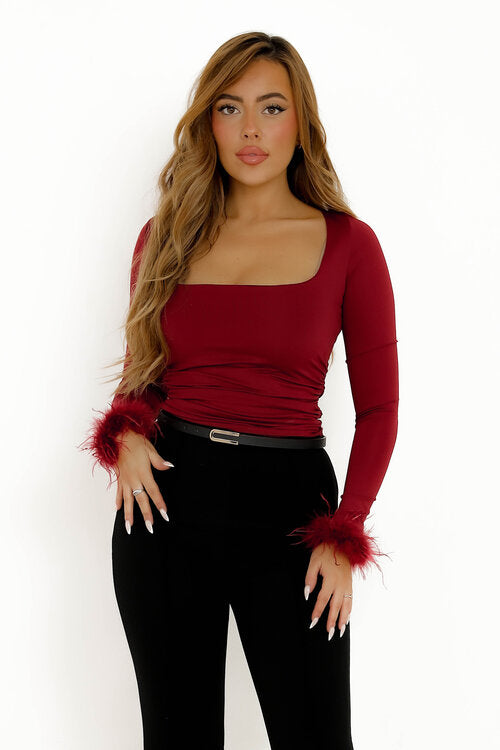 Top Col Carré Manches Plumes Femme