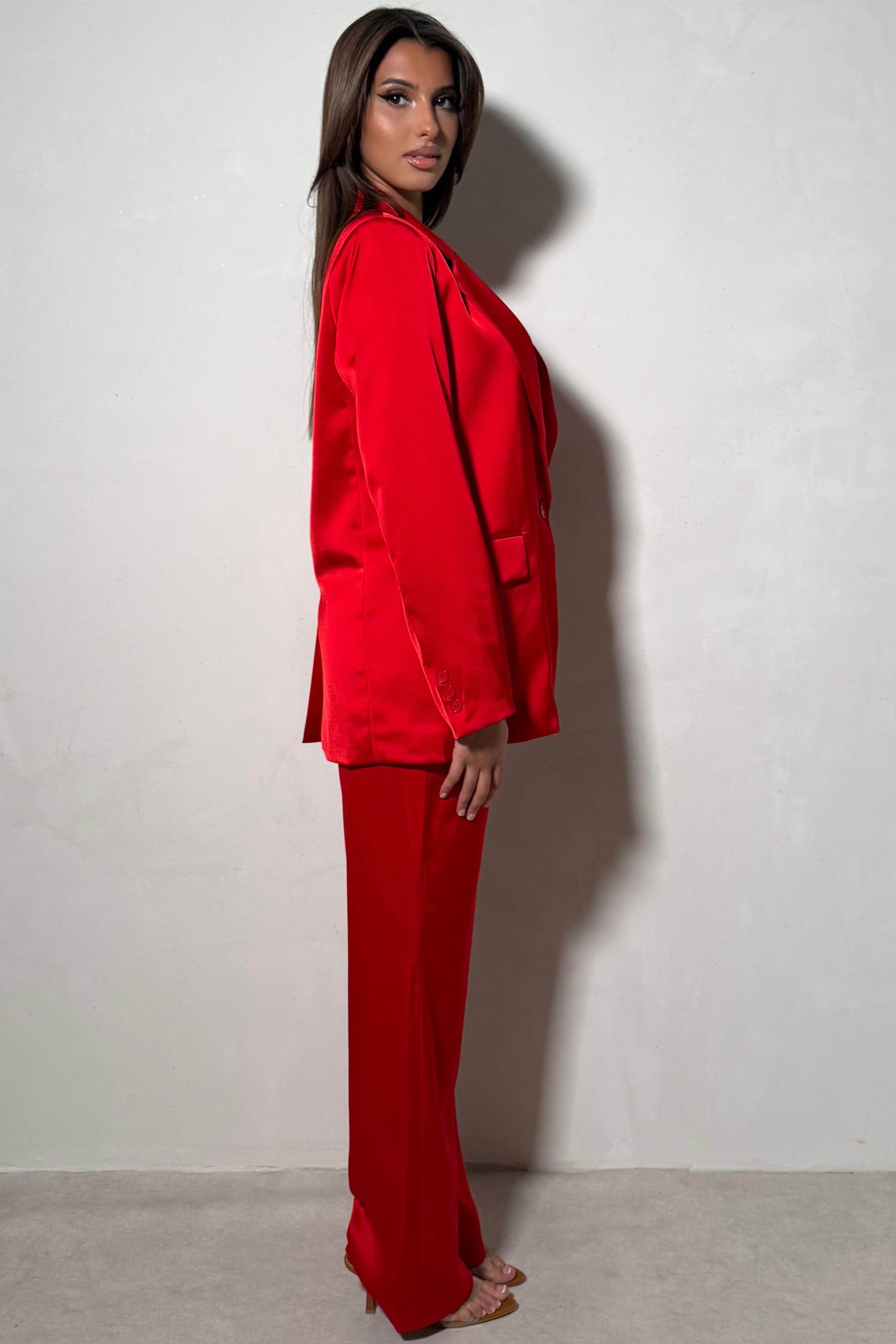 Blazer Tailleur Satiné Éclat Réflectif Rouge Passion