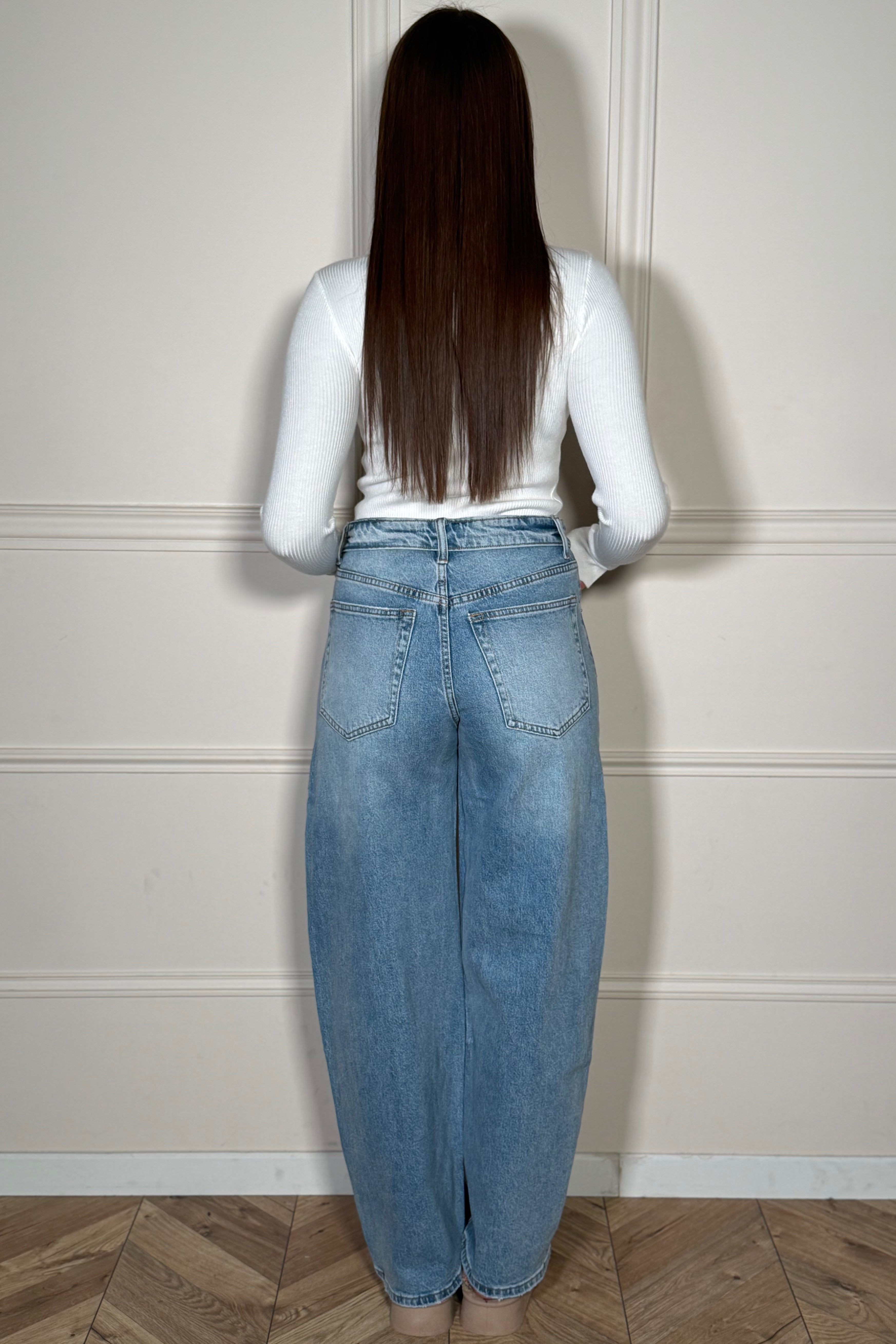 Jeans Barrel Ceinture Retournée Taille Haute - Denim Femme