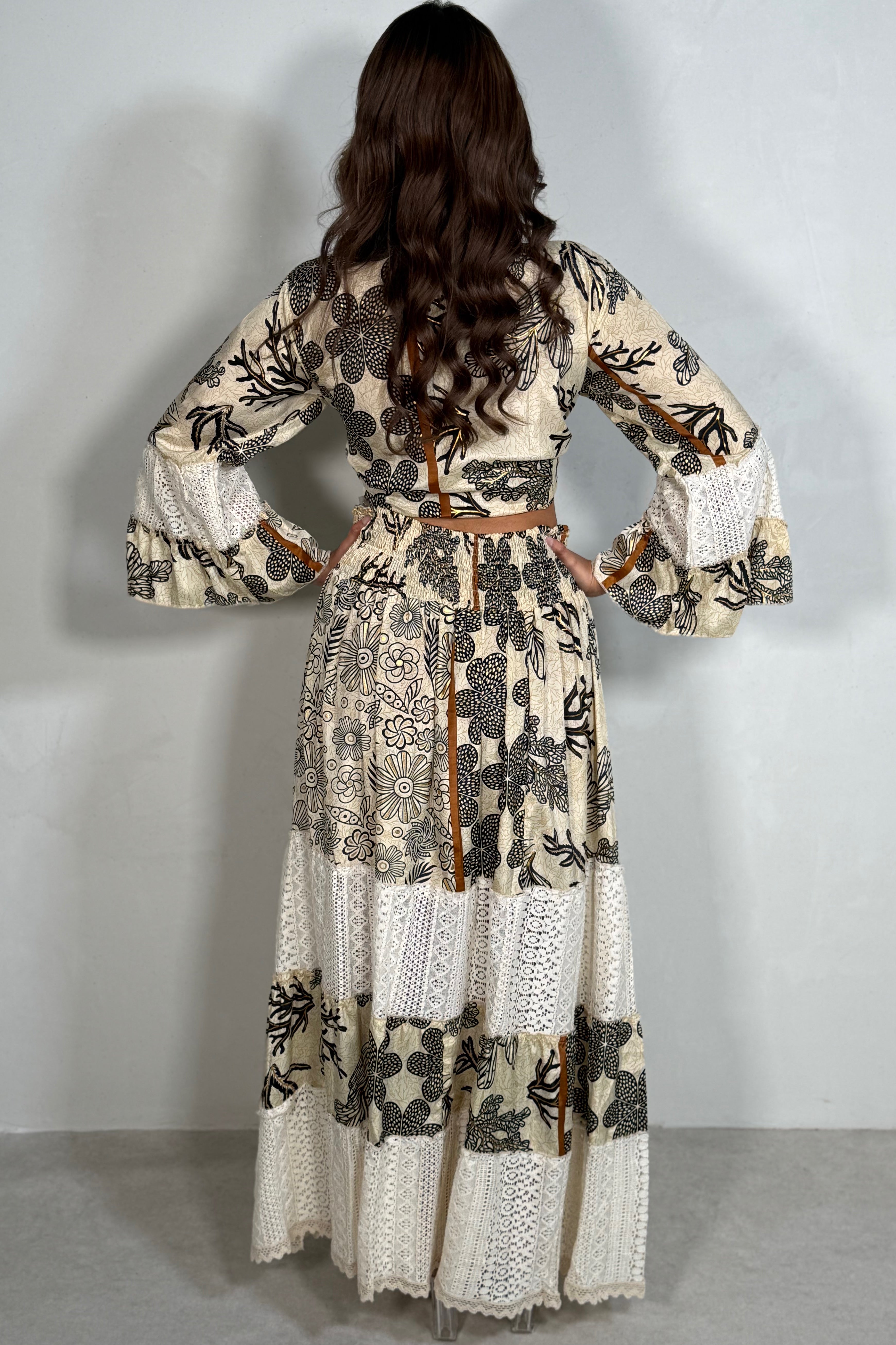 Ensemble Boheme Imprimé Femme Top Noué et Jupe Longue avec Dentelle