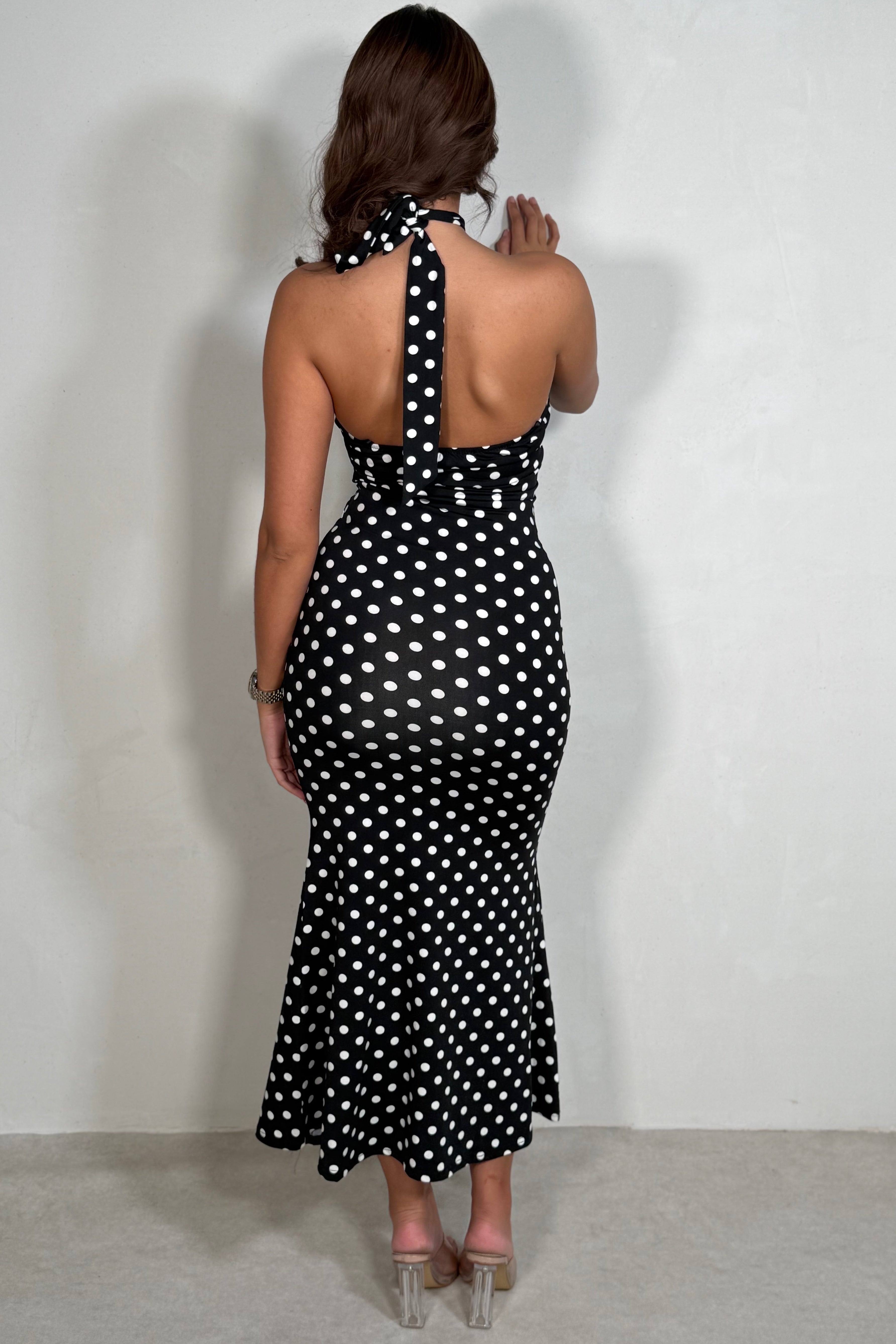 Robe Longue Femme à Pois — Dos Nu & Col Licou, Fluide et Légère