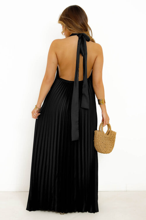 Robe Plissée Satinée Dos Nu Noir