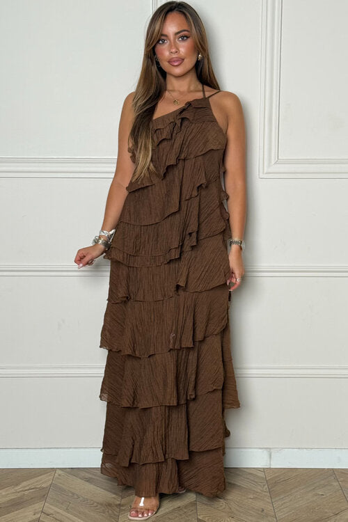 Robe une bretelle volants femme marron asymétrique romantique BLOOSHOP
