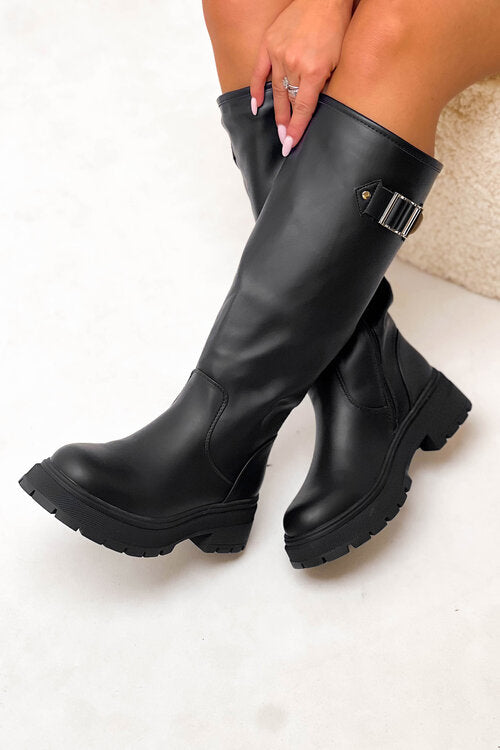 Bottes femme à bout rond avec boucle noires - Vue de face - BLOOSHOP
