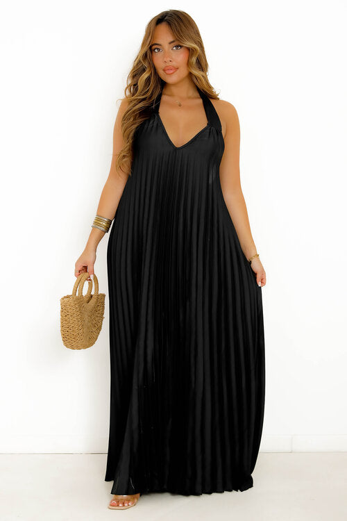 Robe Plissée Satinée Dos Nu Noir