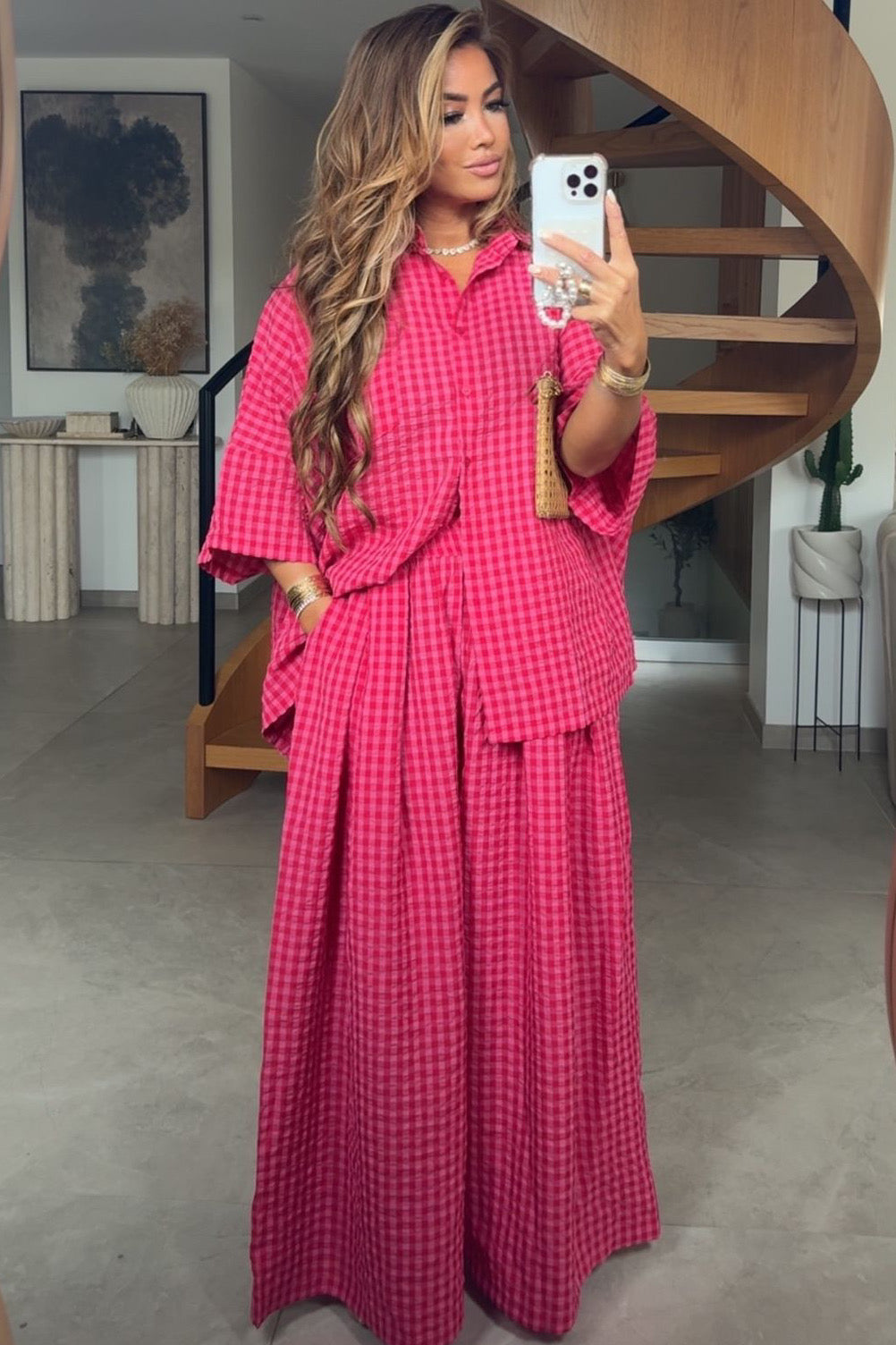 Ensemble Chemise & Pantalon Large Carreaux Vichy Rouge – Femme
