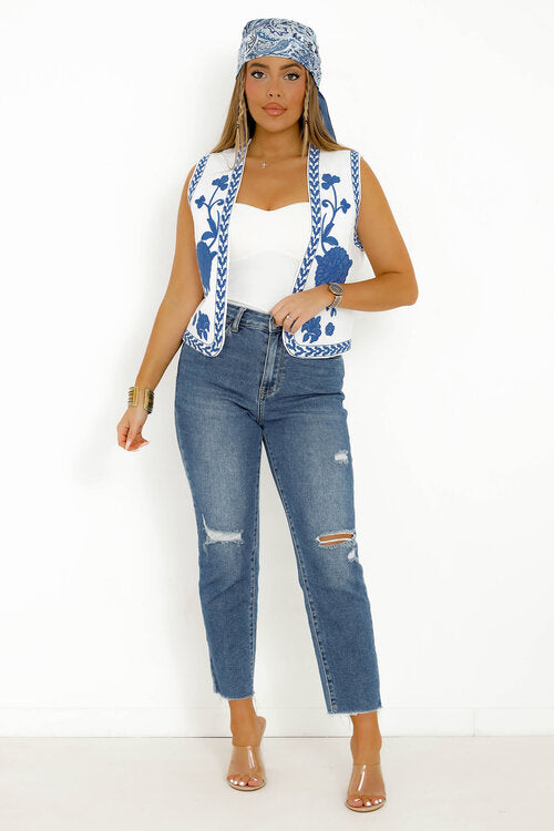Gilet Sans Manches Broderie Fleurs