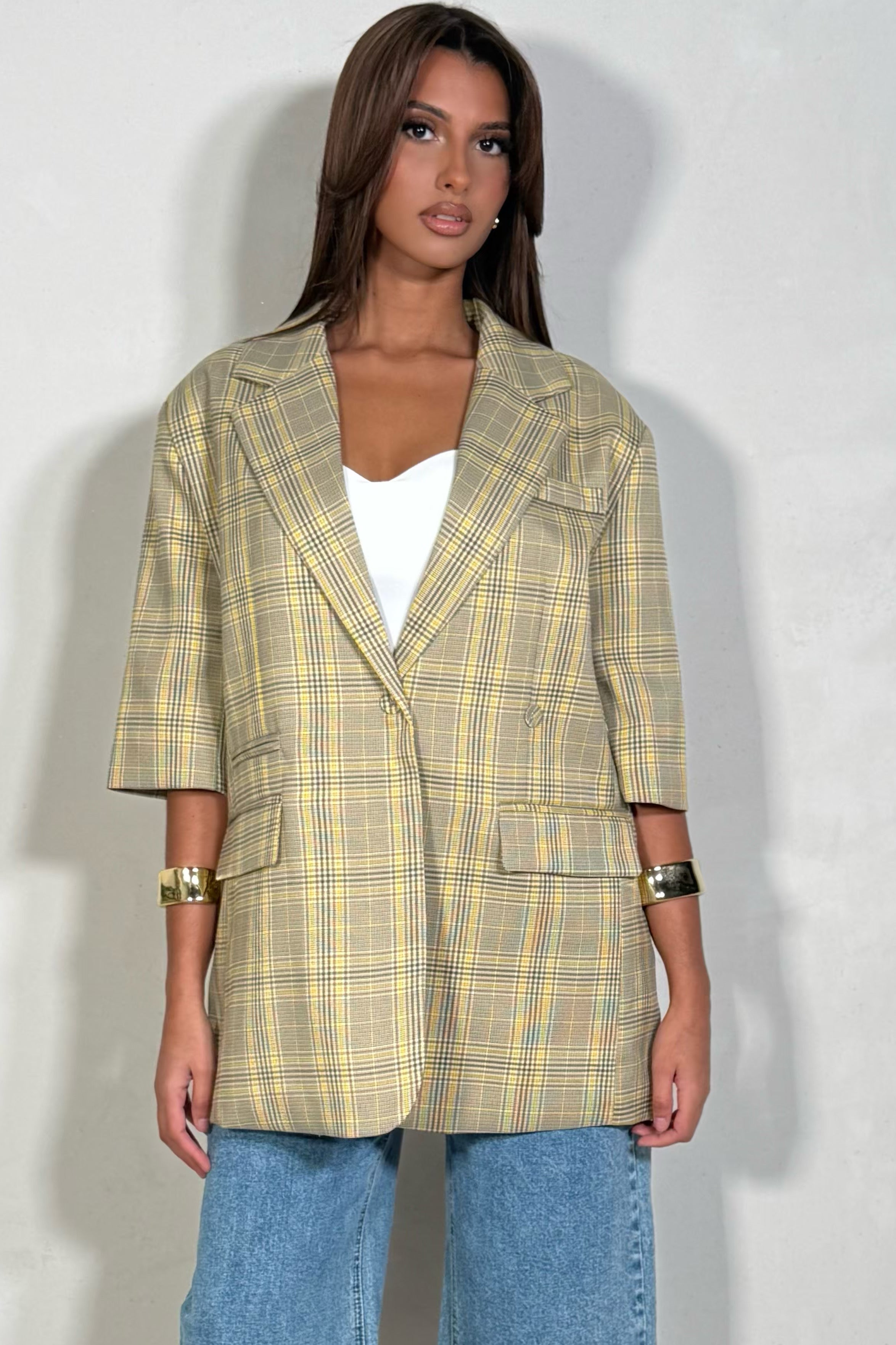 Blazer à carreaux jaune manches courtes, coupe structurée 