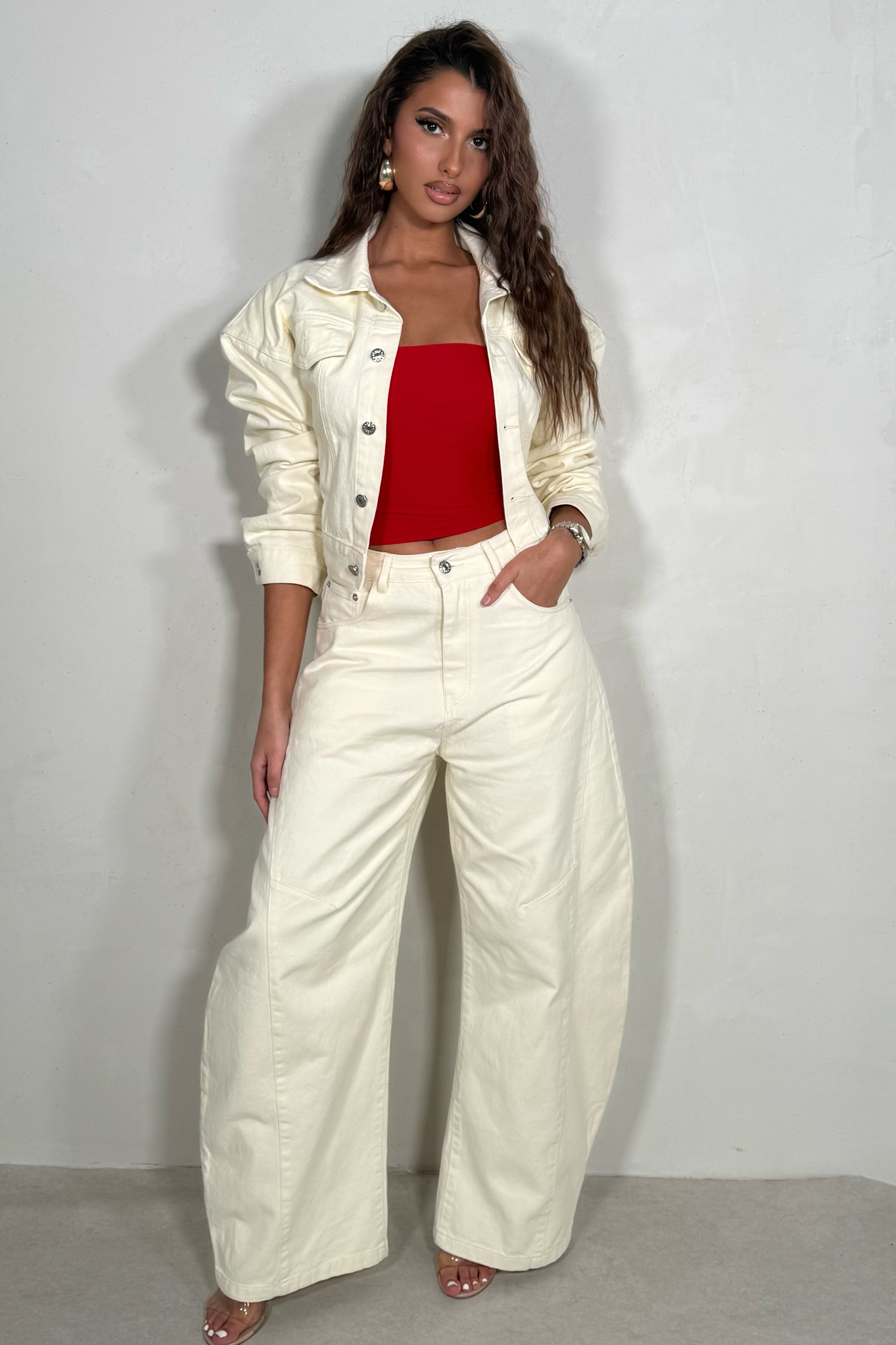 Ensemble denim veste et jeans ballon femme