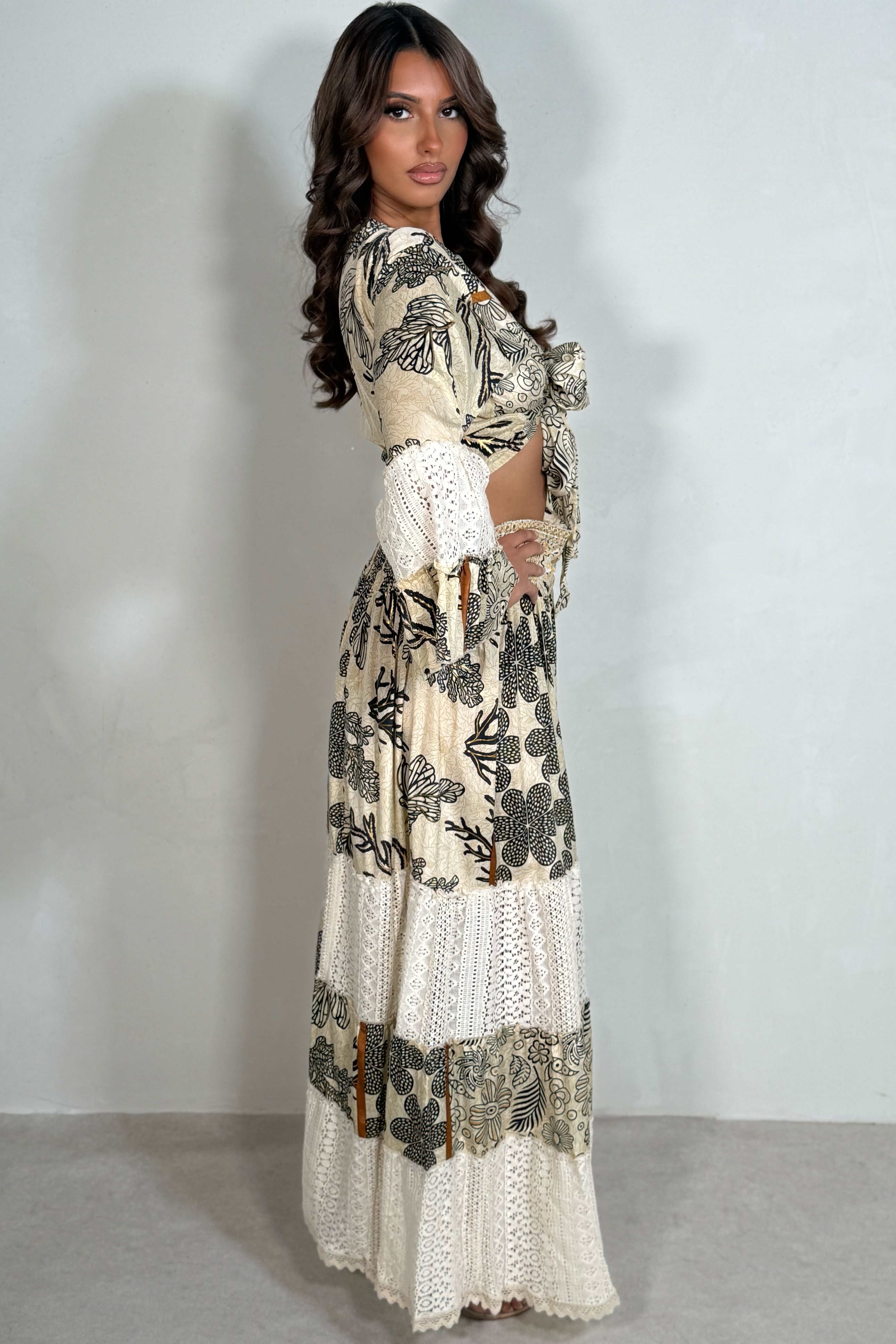 Ensemble Boheme Imprimé Femme Top Noué et Jupe Longue avec Dentelle