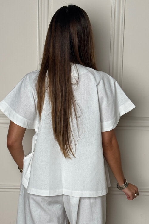 Top en Lin Col V Plissé Femme