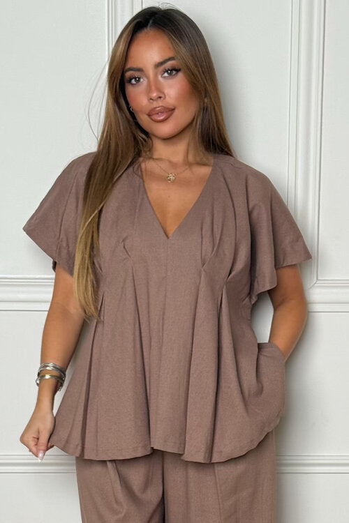 Top en Lin Col V Plissé Femme