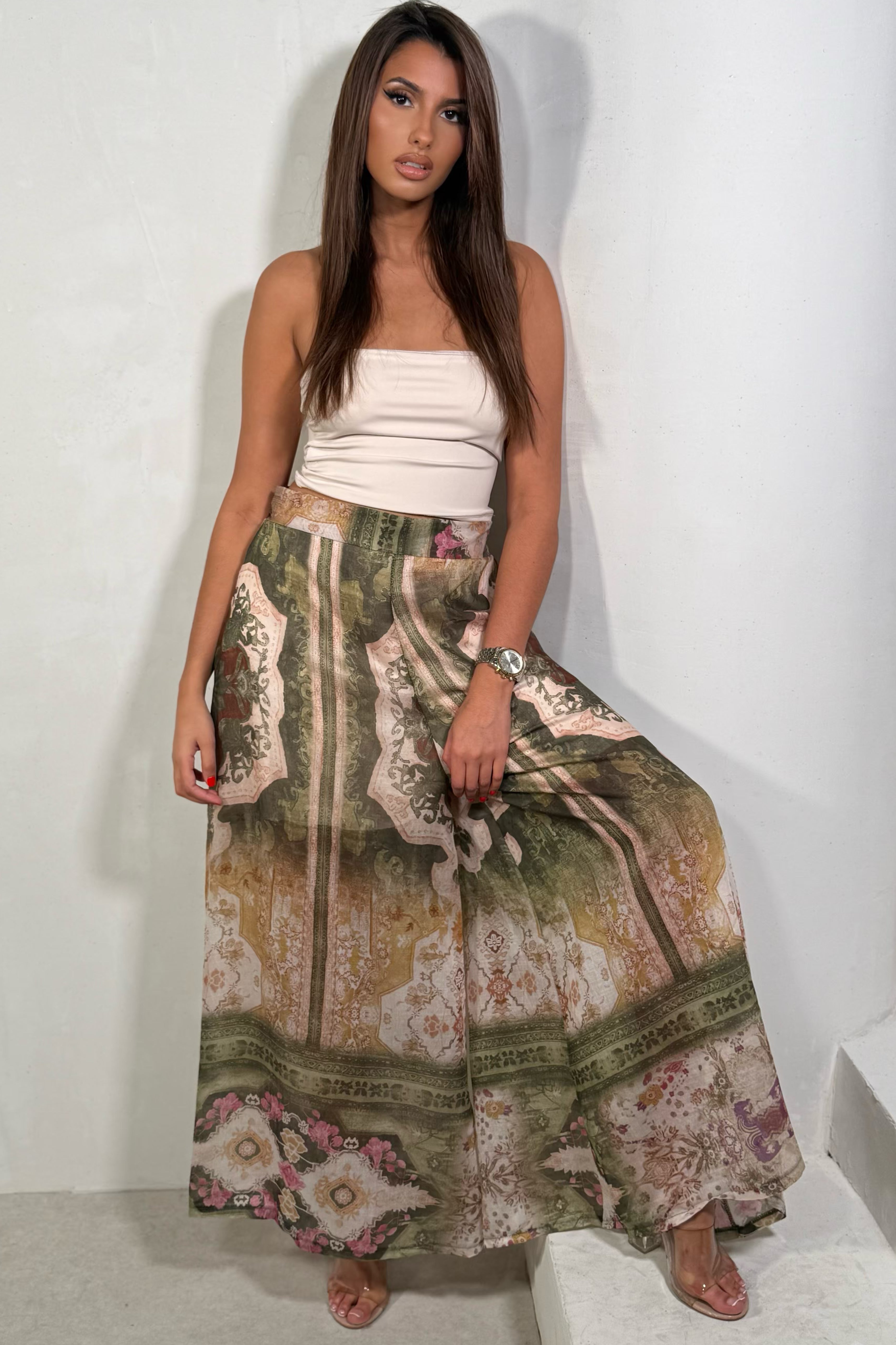 Pantalon Fluide Imprimé Baroque | Marron & Crème