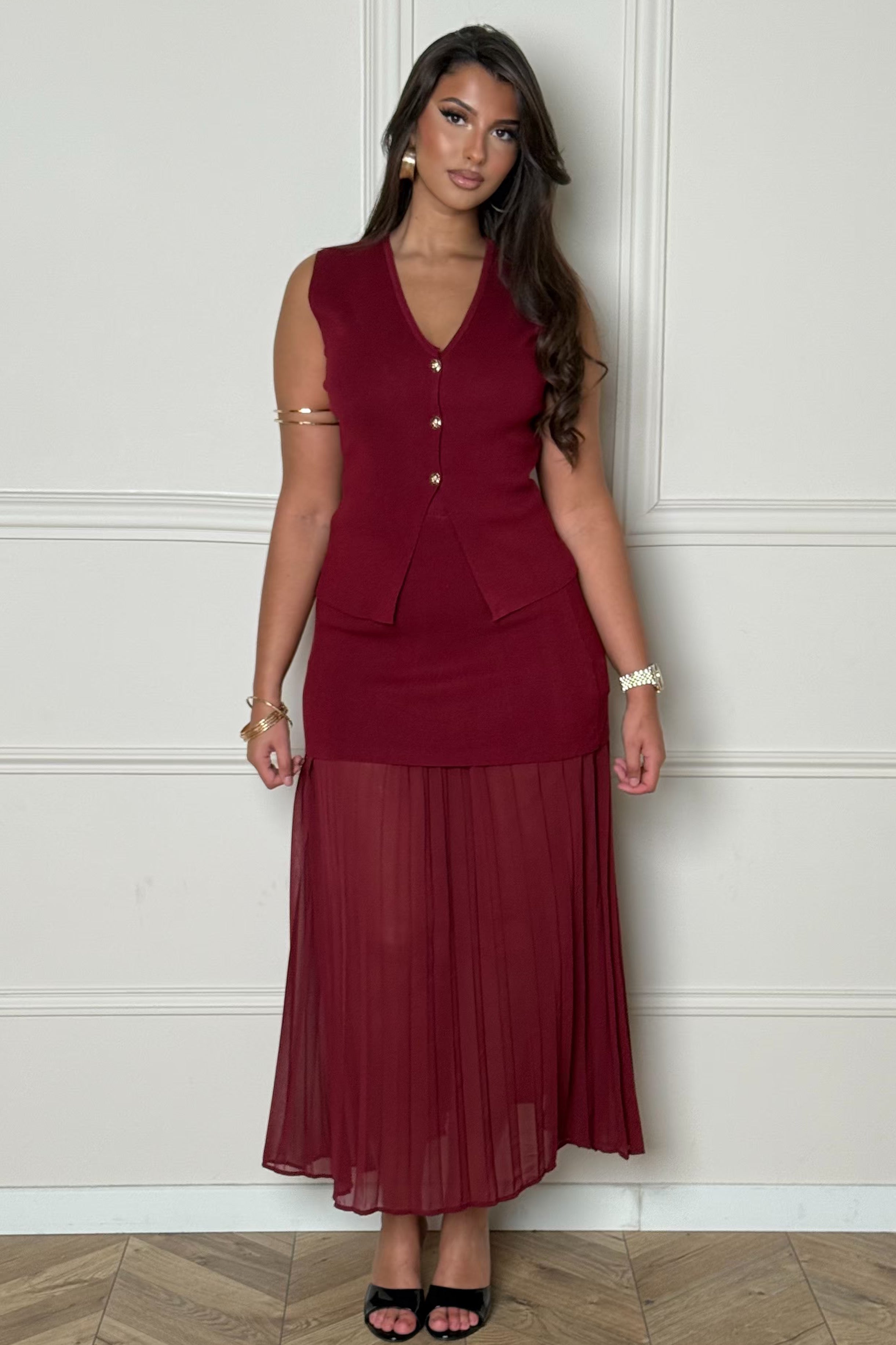 Ensemble femme gilet jupe mousseline vue de profil coupe élégante BLOOSHOP
