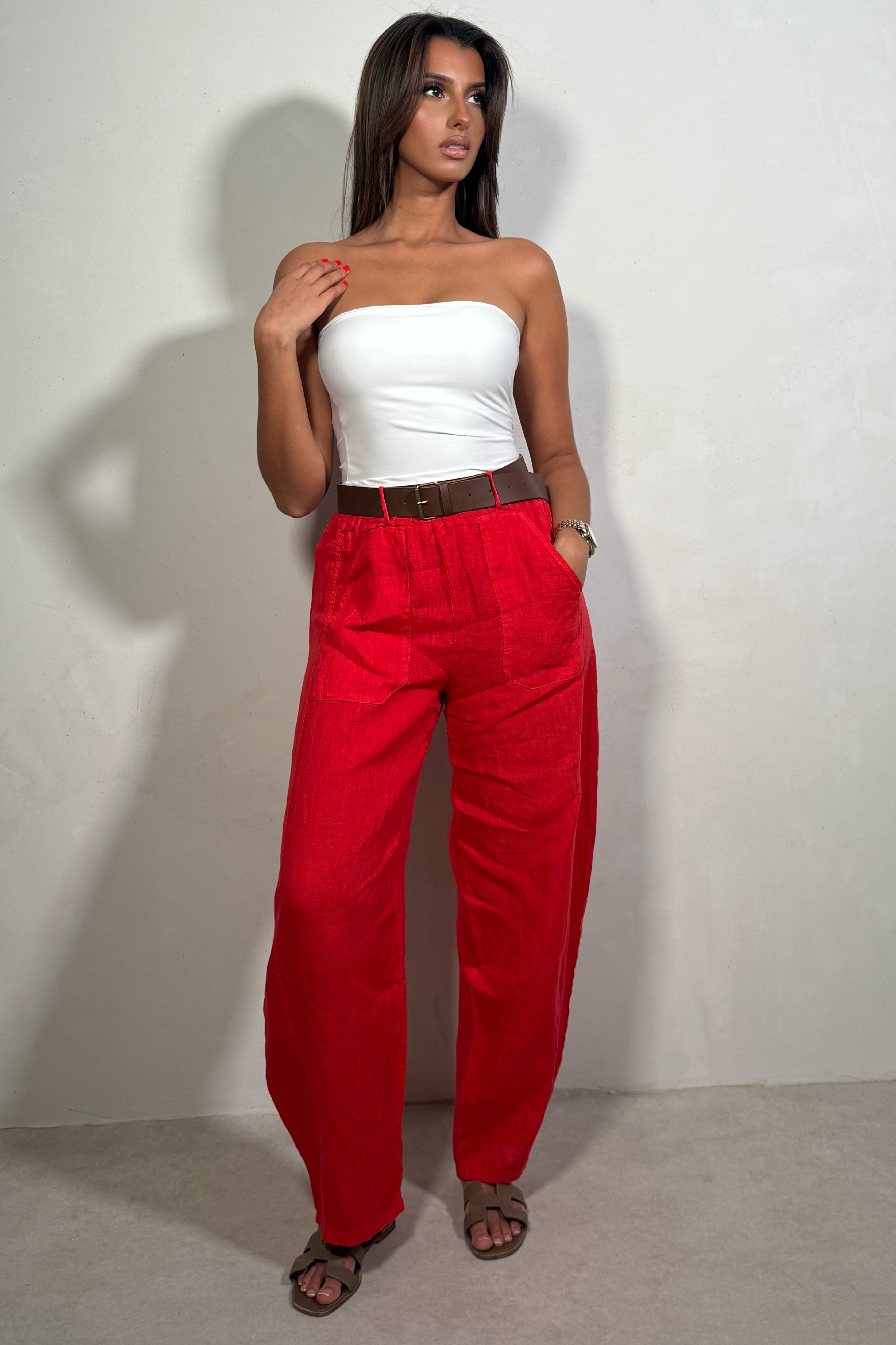 Pantalon en Lin Coupe Barrel Femme avec Ceinture - Style Tendance