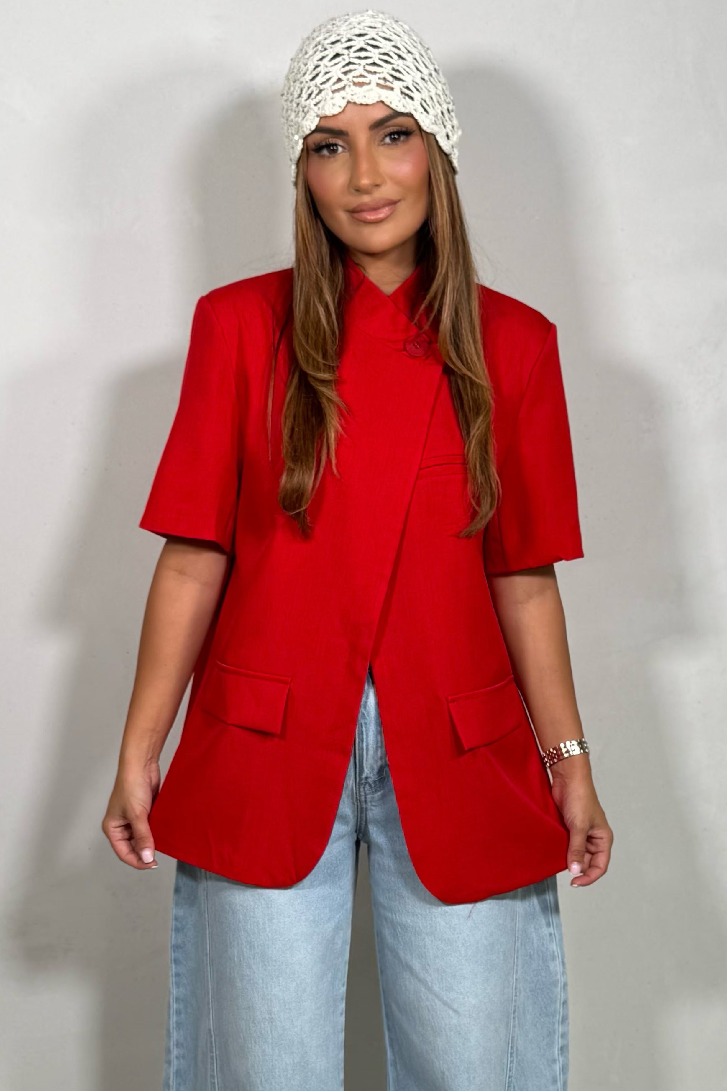 Veste Blazer Femme à Manche courte, Dos Croisé et Fendu