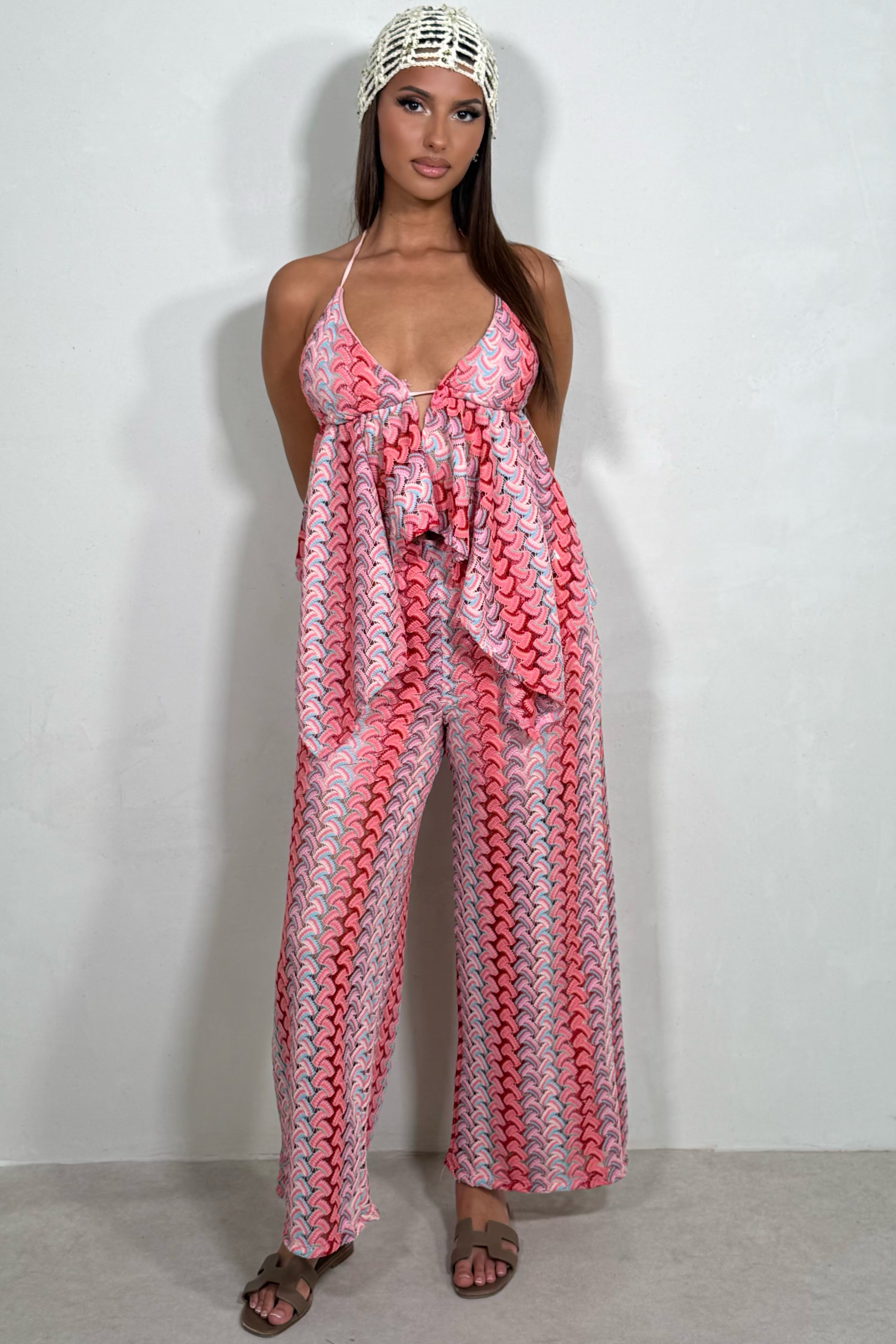 Ensemble 2 Pièces Femme Crochet Imprimé Graphique | Top Dos Nu & Pantalon