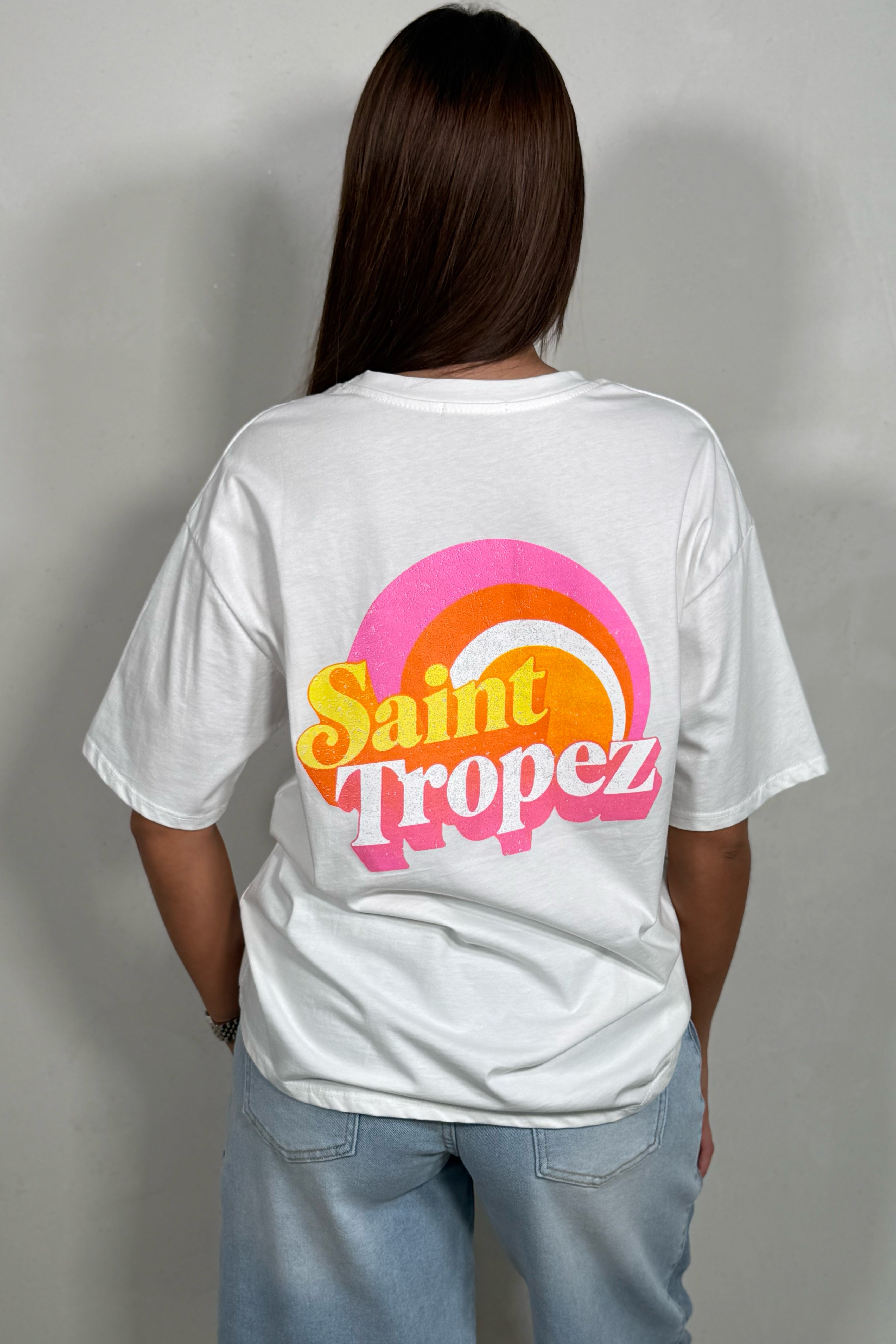 T-shirt Oversize Femme – Imprimé Rétro Saint-Tropez | Blanc, Rose & Orange