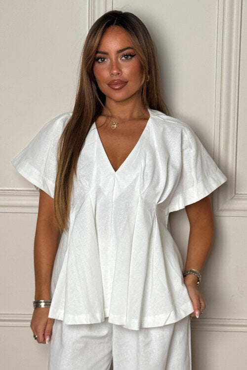 Top en Lin Col V Plissé Femme