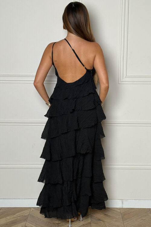 Robe asymétrique volants femme une bretelle élégante moderne
